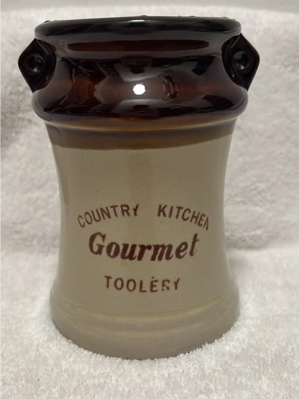 Vintage Ceramic Crock Utensil Holder - Brown & Cream